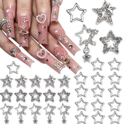 YAEISM 30PCS Star Nail Charms 3D Alloy Nail Art Charms 4 Styles Silver Stars Nail Rhinestones Crystal Pentagram Nail Gems for DIY Crafts Jewelry Decoration Nail Supplies