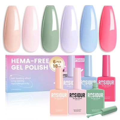 18ML Pastel Gel Nail Polish Set 6 Colors, HEMA-Free Spring Summer Gel Polish Macaron Nude Light Pink Baby Blue Green Purple Soak off Uv Nail Art Gel Design for Women Girl Gift Salon Home DIY
