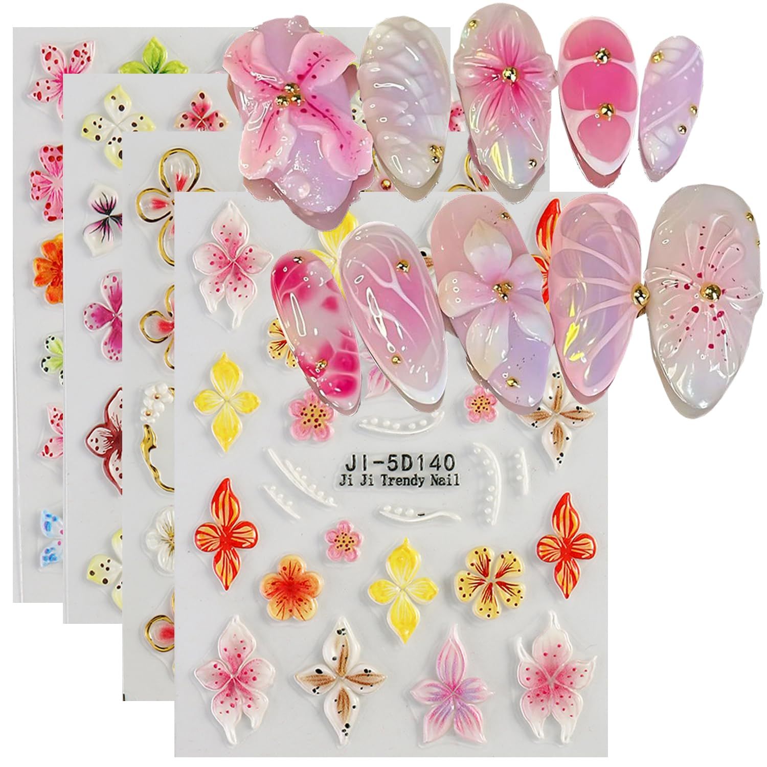 Flower Nail Art Stickers, 4PCS 5D Embossed Sticker for Nail Art, Spring Floral Nails Design 5D Relief Decals Hibiscus Flowers Nail Adhesive Sticker Slider Charm Decor DIY Manicure Accessories Supplies