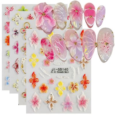 Flower Nail Art Stickers, 4PCS 5D Embossed Sticker for Nail Art, Spring Floral Nails Design 5D Relief Decals Hibiscus Flowers Nail Adhesive Sticker Slider Charm Decor DIY Manicure Accessories Supplies