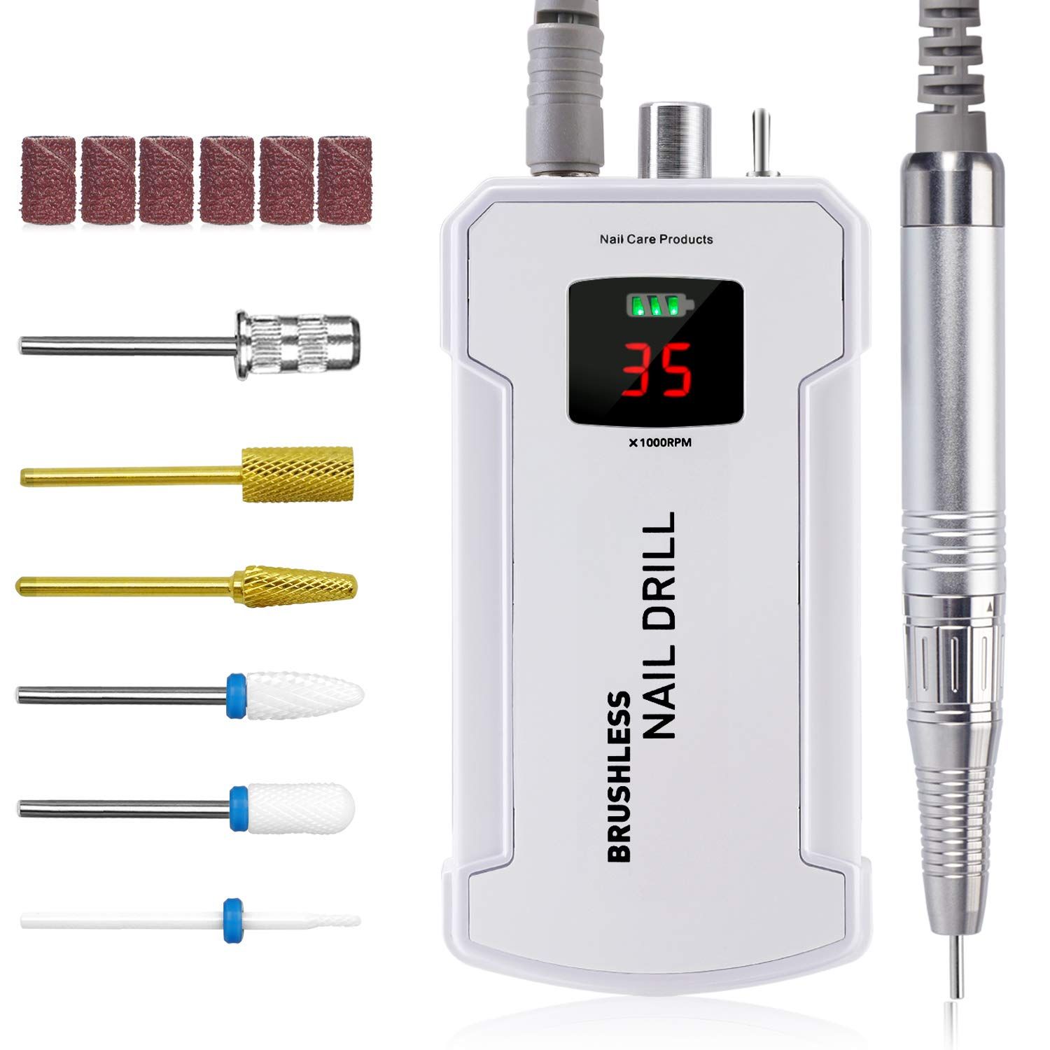 Professional Nail Drill Machine, IMENE 35,000RPM Portable Brushless Nail Drill Rechargeable E-File Nail Drill Perfect for Acrylic, Gel, Natural NailsWhite