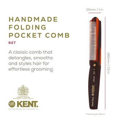 Kent 82T 4 Handmade Folding Pocket Comb for Men, Fine Tooth Hair Comb Straightener for Everyday Grooming Styling Hair, Beard or Mustache, Use Dry or with Balms, Saw Cut Hand Polished, Made in England