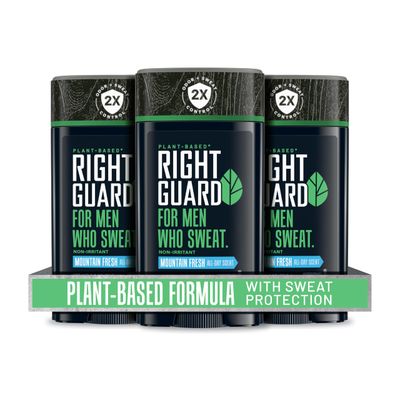 Right Guard Plant Based Invisible Solid Antiperspirant &amp; Deodorant For Men with Sensitive Skin | Blocks Sweat 2X Longer | Made with Shea Butter &amp; Marula Oil | Mountain Fresh Scent, 2.6 oz. (3 Pack)