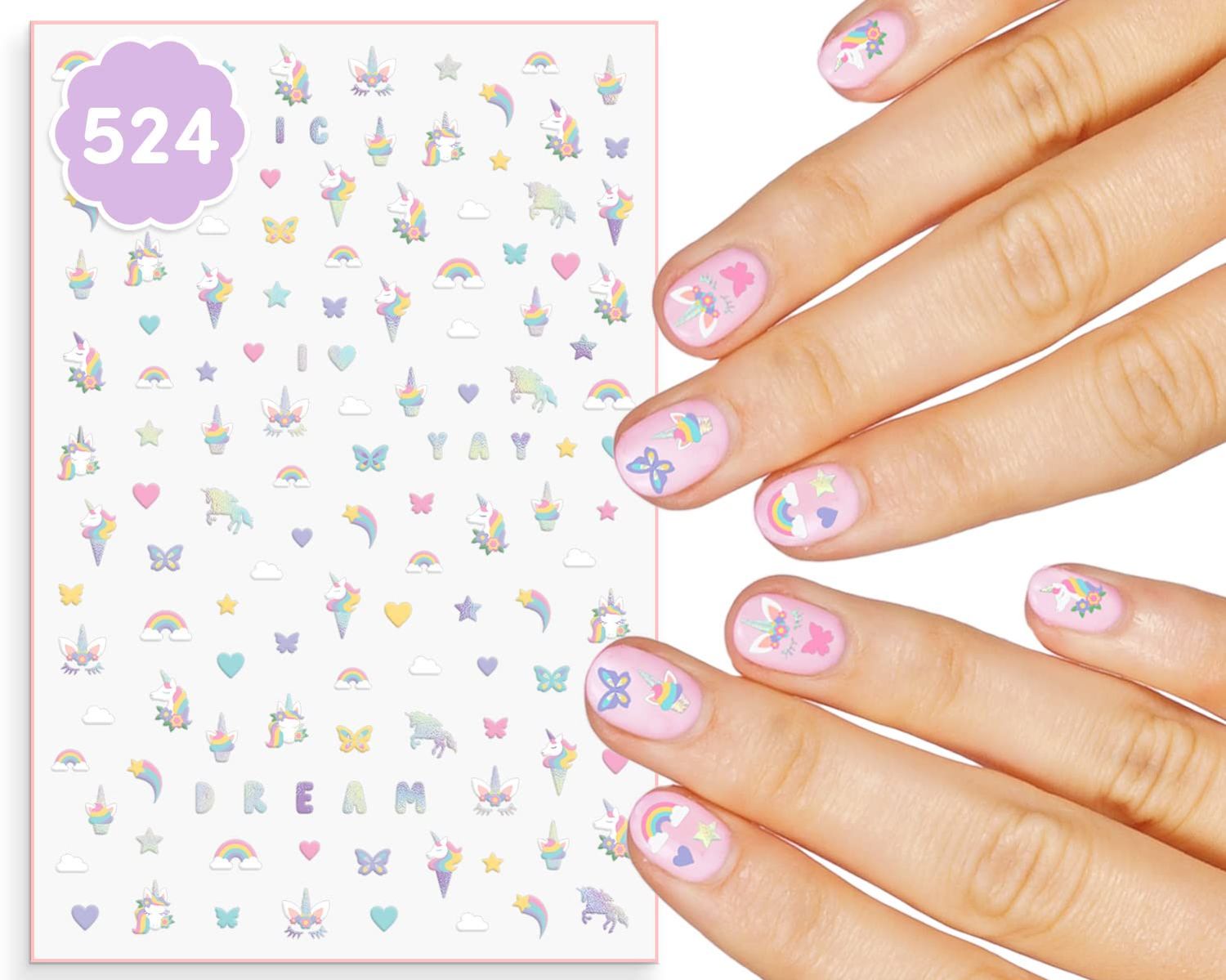 xo, Fetti Kids Unicorn Nail Stickers - 524 Decals | Birthday Girl Party Favors, DIY Home Activity, Gift, Cute Nail Transfer, Rainbow, Butterfly, Easter Basket