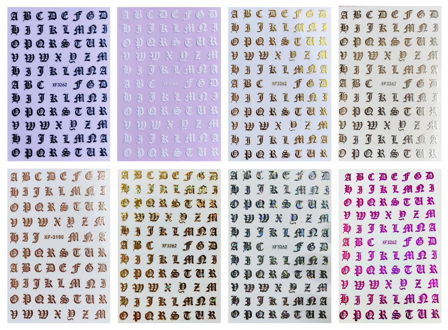 8 Sheets English Alphabet Letters Nail Art Stickers Holographic 3D Self Adhesive Nail Art Decoration Old English Alphabet Nail Decals for DIY Girls Nail Art Design (8 Sheets)