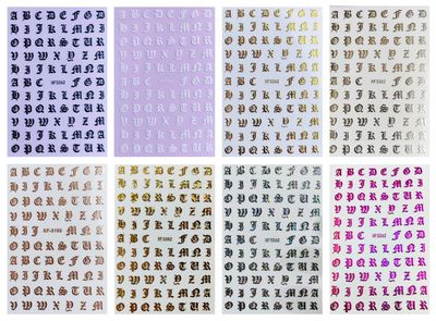 8 Sheets English Alphabet Letters Nail Art Stickers Holographic 3D Self Adhesive Nail Art Decoration Old English Alphabet Nail Decals for DIY Girls Nail Art Design (8 Sheets)