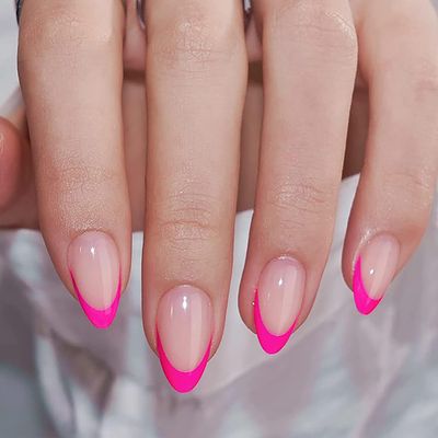 24Pcs Hot Pink French Tip Press on Nails Short Almond Fake Nails Reusable Acrylic False Nails Natural Nude Pink Full Cover Glue on Nails Glossy Artificial Nails Stick on Nails for Women Nail Decor