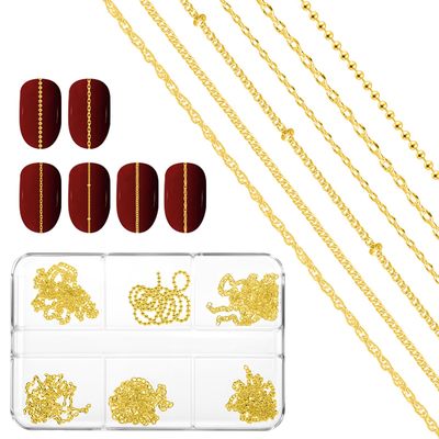 6 Strips Gold Chain for Nails Art Chains Gold Studs Nail Charms Nail Strips Punk, 3D Nail Art Chain Supplies Metal Nail Caviar Beads Chain Accessories for DIY Nails Art Decoration