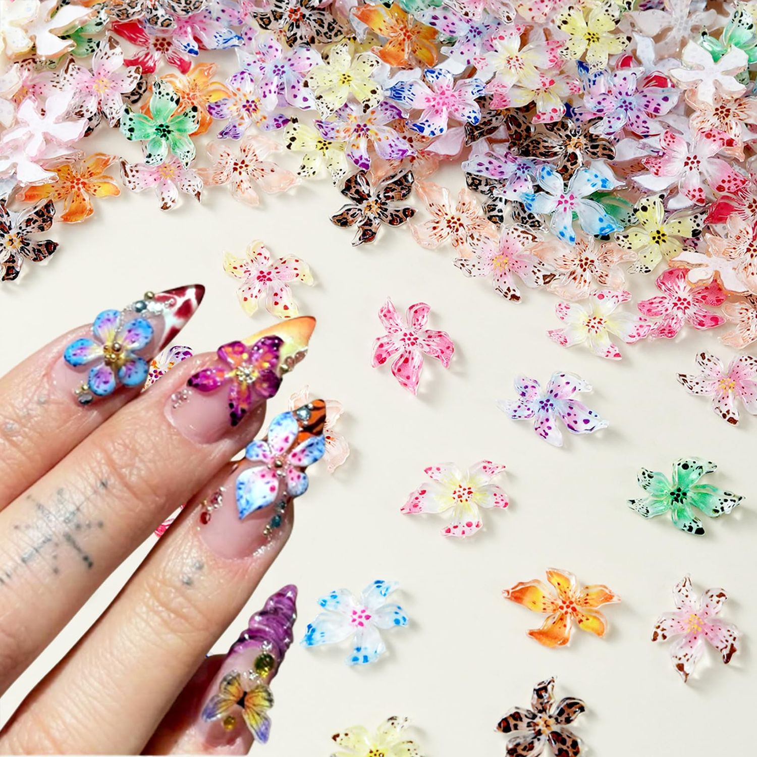 60pcs Hibiscus Flowers Nail Charms 3D Nail Art Charms for Nail Cute Floral Nail Jewelry Mixed Color Nail Rhinestones Resin Gems for Nails Spring Summer Nail Accessories Women Manicure Decorations