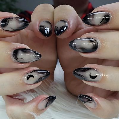 MISUD Press on Nails Medium Almond Fake Nails Glossy Glue on Nails Goth Black Ombre Acrylic Nails Stiletto Artificial Nails Gothic Moon Stick on False Nails with Design 24 pcs