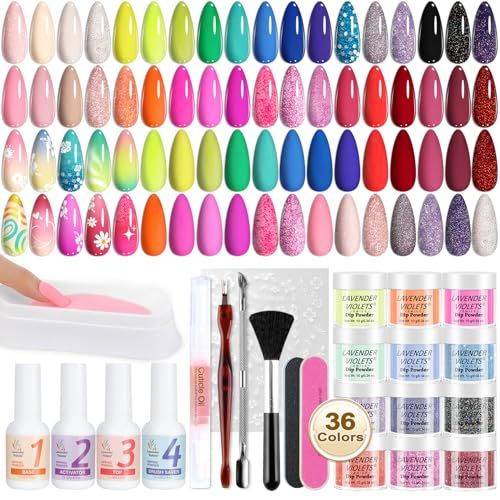Lavender Violets 48 Pcs Dip Powder Nail Kit Starter, 36 Colors Pink Red Yellow Green Blue with Dip Powder Liquid Set and Essential Manicure Tools for Nail Art Designs B950