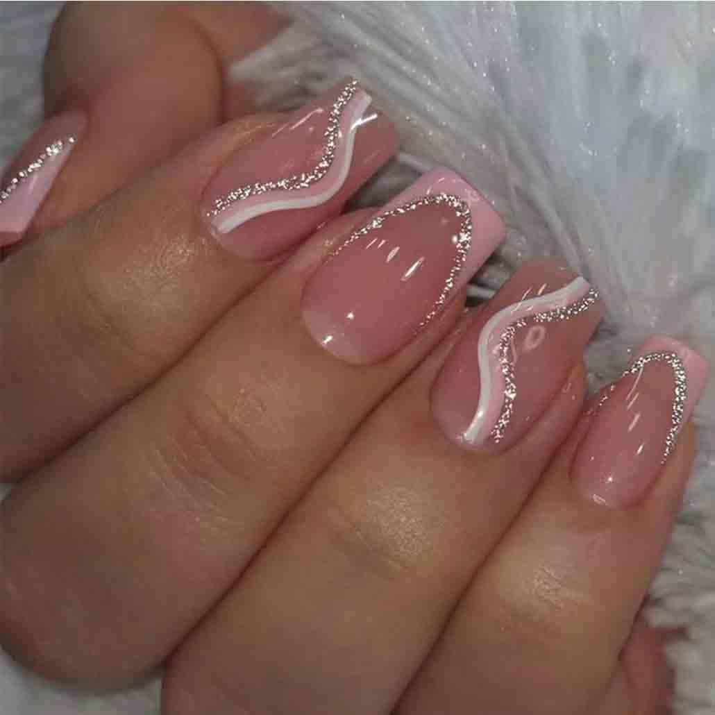 Foccna Coffin French Press on Nails Fake Nails Pink Swirls Cute Womens False Nails Medium LongDaily Artificail Nails for Women and Girls-24Pcs