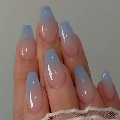 DANMANR Square Fake French Nails False Long Nails Full Cover Acrylic Long Fake Nails for Women and Girls 24PCS (Blue shiny)