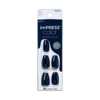 KISS imPRESS Color No Glue Mani 30 Pcs Press On Nails, Navy, Dark Blue, Medium Size, Coffin Shape, Simple Peel &amp; Press Easy Apply, Hassel-Free Removal, Essential Tools Included