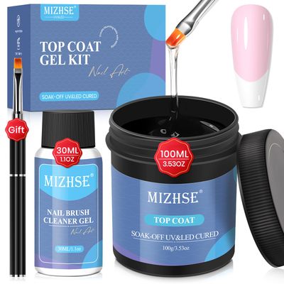 MIZHSE 100ML No Wipe Gel Top Coat - High Gloss Shine Finish Long Lasting Top Coat Nail Polish, Super Large Capacity Soak Off Nail Lamp Polish Finish with Brush &amp; Brush Cleaner Gel, Gift Kit for Women