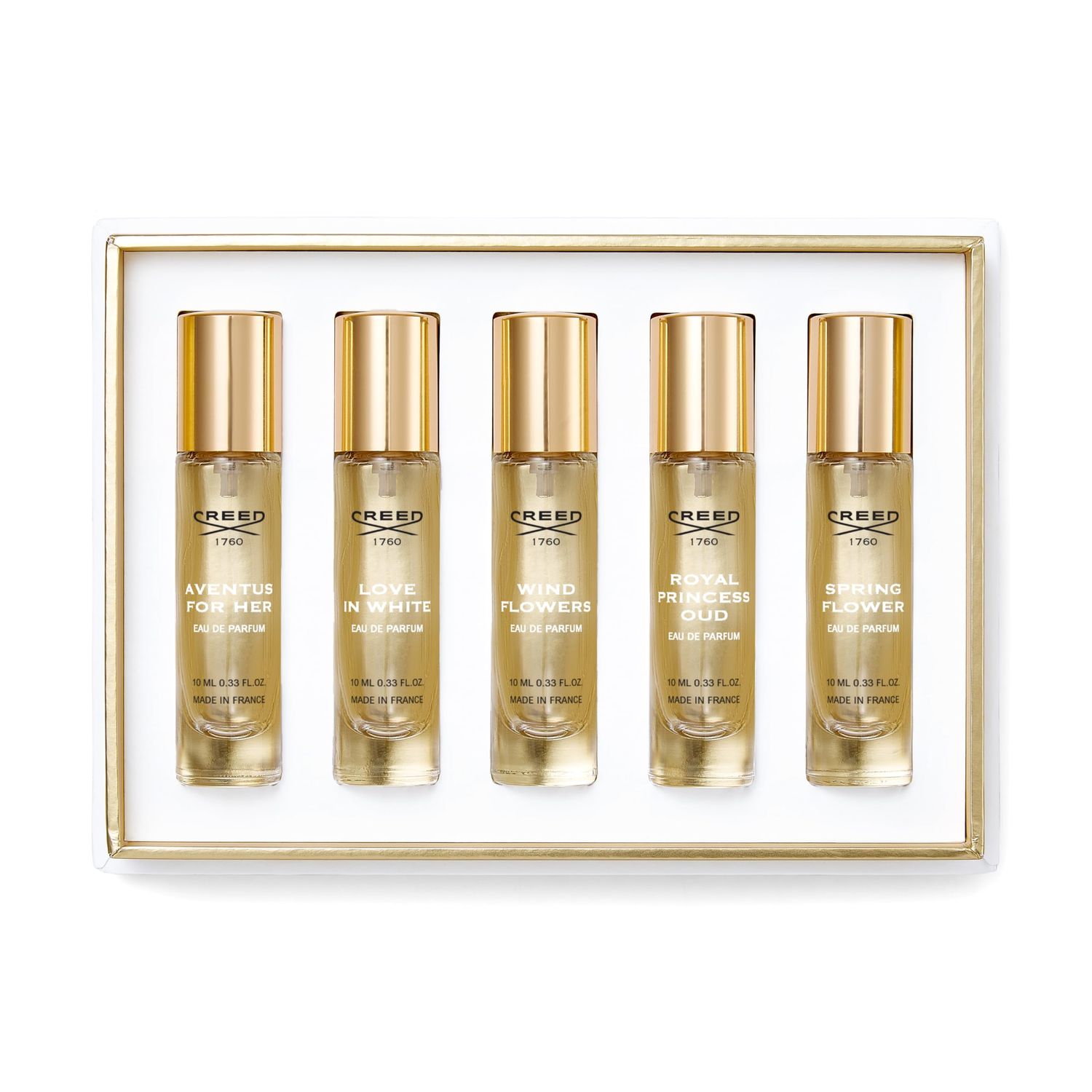 House of Creed Womens Holiday Gift Coffret Set, Features 5 Signature Perfume Scents of Aventus for Her, Wind Flowers, Love in White, Royal Princess Oud and Spring Flower, 5 x 10ml