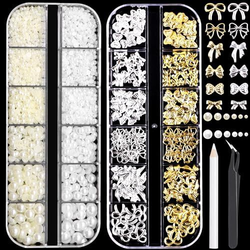 RODAKY 2 Boxes Gold Silver Nail Charms and Flatback Pearls,Bowknot Charms for Nails Design Bow Mix Size Metal Studs Nail Gems Charms,White &amp; Beige Half Pearl for Nail Jewelry DIY Nail Art Decor