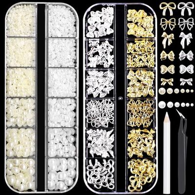 RODAKY 2 Boxes Gold Silver Nail Charms and Flatback Pearls,Bowknot Charms for Nails Design Bow Mix Size Metal Studs Nail Gems Charms,White &amp; Beige Half Pearl for Nail Jewelry DIY Nail Art Decor