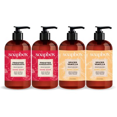 Soapbox Winter Hand Soaps, Spiced Vanilla &amp; Frosted Pomegranate Liquid Hand Soap, Moisturizing Soap, Shea Butter &amp; Aloe, Pack of 4, 12oz