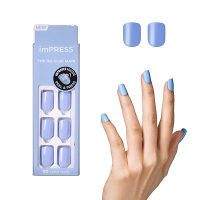 KISS imPRESS No Glue Mani Press On Nails, Color, Baby why so Blue, Blue, Short Size, Squoval Shape, Includes 30 Nails, Prep Pad, Instructions Sheet, 1 Manicure Stick, 1 Mini File