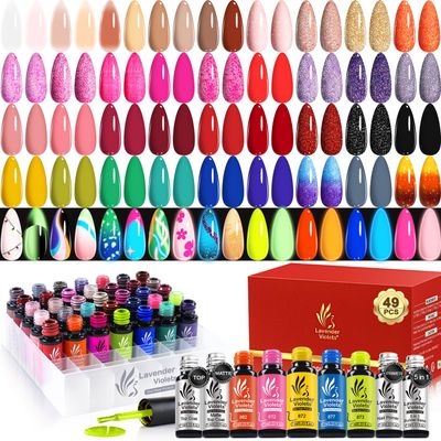 Lavender Violets 49 PCS Gel Nail Polish Set,45 Colors Summer Neon Glow in the Dark Effect with Nail Primer,Builder Base Coat,Glossy,Matte Top Coat Red Jelly Nude Glitter New Year Gifts for Women A950