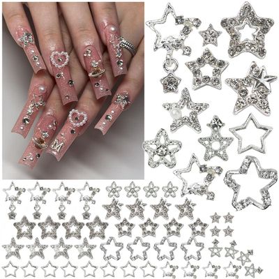 qiipii 48Pcs Star Nail Charms for Acrylic Nails 11 Styles 3D Silver Stars Nail Rhinestones Nail Gems Jewels Pentagram Cute Crystal Diamond Alloy Studs Nail Art Supplies Decor for Nails Face Makeup DIY