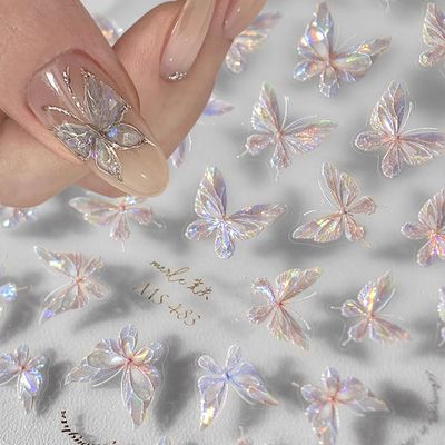 Shining Aurora Shell 3D Relief Butterflies Nail Art Stickers - Pink Laser Butterfly Nail Design Decals For Womens Manicure Accessories