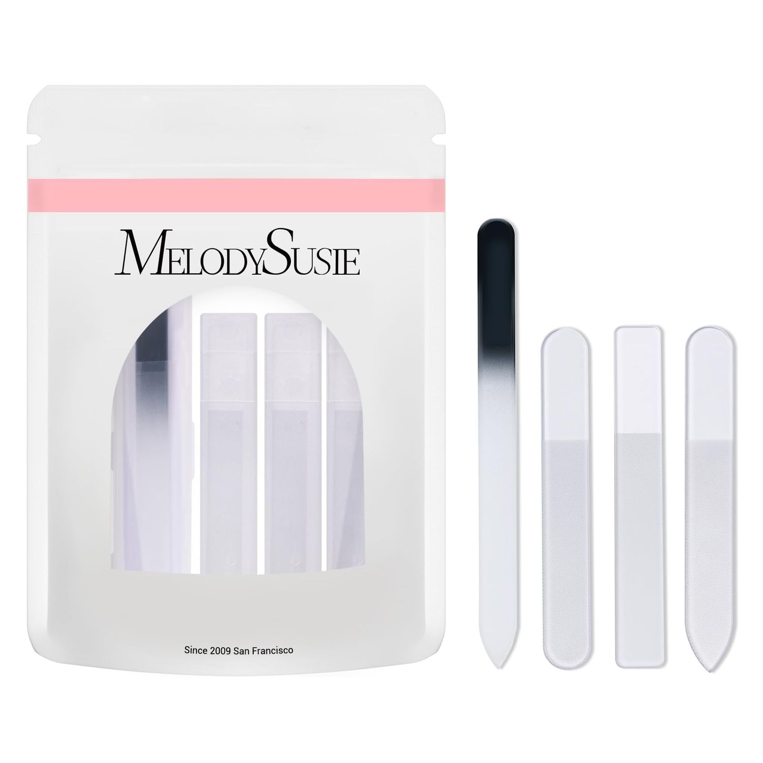 MelodySusie 4Pcs Glass Nail File Set - Long Double Sided 360 Grit, Mini, Crystal With Case - Professional Nail Care Tools Kit for Home Use, Salon
