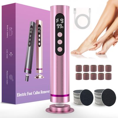 Electric Foot File Cordless, 2 in 1 Wireless Dermave Electric Foot Callus Remover, Adjustable 9 Speed Rechargeable Pedicure Foot Filer Tool w/Sandpaper Discs &amp; Nail Drill Bits,Digital Display (Pink)