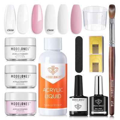 Modelones Acrylic Nail Kit - Clear/White/Pink Acrylic Powder and Liquid Set with Brush, Dehydrator and Primer, Starter Kit for Nail Extension Beginners