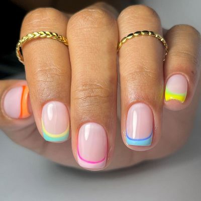Colorful French Tip Press On Nails - Short Square Rainbow Fake Nails with Cute Designs, Neon Glossy Stick Ons for Women Girls