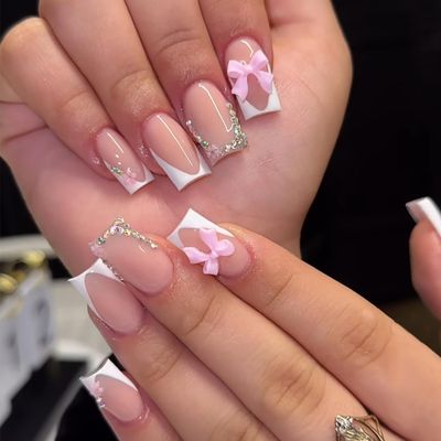 24Pcs White French Tip Press on Nails Short Square Fake Nails with Bow Rhinestones French Coffin Nails Full Cover Pink Acrylic False Nails Glitter Flower Cute Glue on Nails for Women Salon Manicure