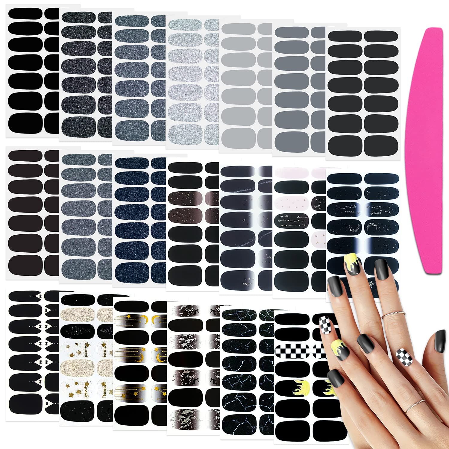 SILPECWEE 20 Sheets Black Style Nail Wraps for Women Stick on Nail Polish Strips Glitter Solid Color Self Adhesive Nail Polish Stickers Fingernail Manicure Sticker Nail Art with 1pc Nail File