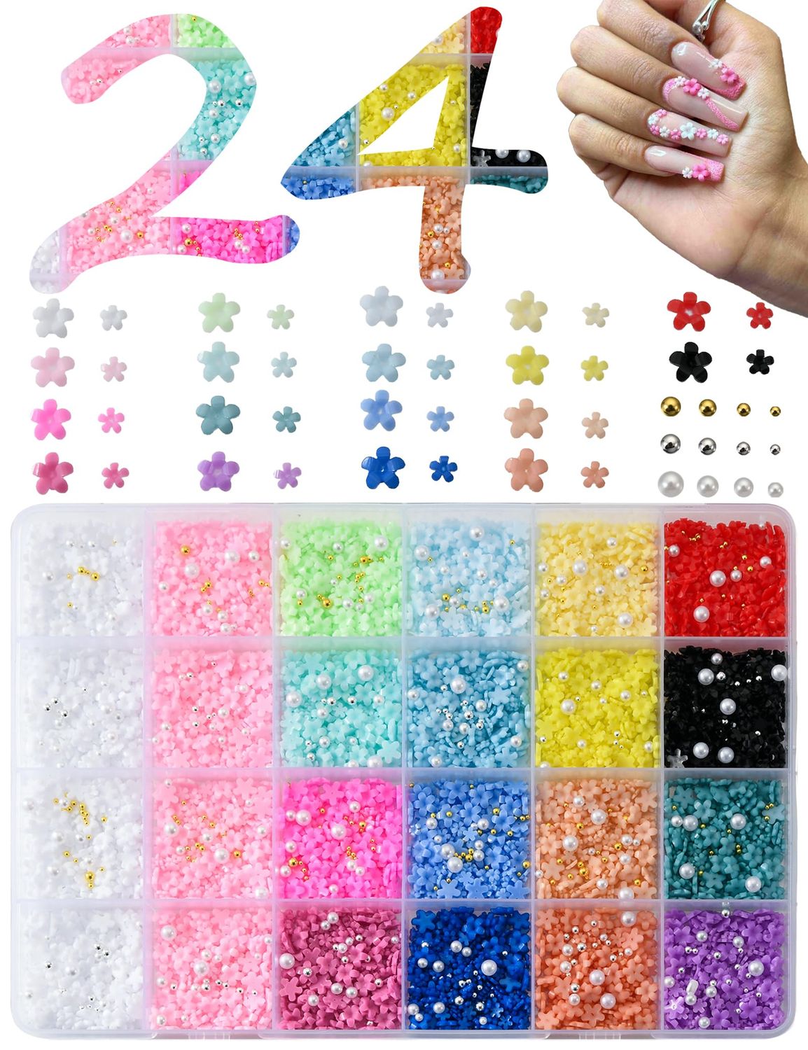 OPMADM 10000Pcs Flower Nail Charms Spring 3D Flowers for Nails with Caviar Beads and Flatback Pearls Cute Resin Nail Art Charms 24 Grids