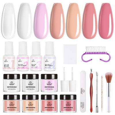 Beetles Dip Powder Nail Starter Kit, 7 Colors Nude Pink Brown Snow White Translucent Dipping Powder Liquid DIY Set with Complete Accessories