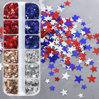 Star Glitter Nail Sequins, 3 Boxes Holographic Star Nail Art Flakes Red Blue Glitter Sticker Decals Independence Day Nail Sequins Manicure DIY 4th July Decorations 36 Styles