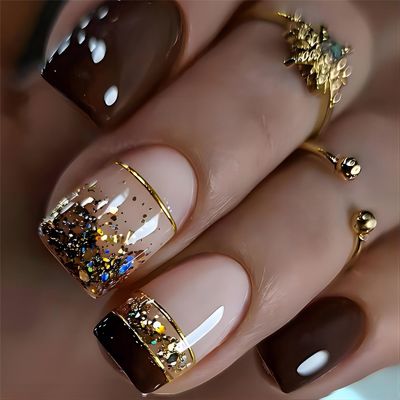 Rchovsam Brown Nails Press Ons Short Square Press on Nails French Tip Brown Design Fake Nails Full Cover Acrylic Gel False Nails Kit Gift for Womens 24pcs