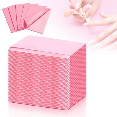 BUCICE 50Pcs Disposable Nail Art Table Towels 3 Ply Tissue Waterproof Lap Cloths 13 x 18 Waterproof Dental Bibs for Patients - Dentist or Medical Tray Cover and Nail Table Cover Supplies, Pink