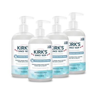 Kirk&#39;s Hydrating Hand Wash - Made with Premium Coconut Oil and Aloe Vera, With Plant Based Technology To Help Eliminate Odors, Non GMO, Vegan, Fragrance Free, 12 Fl Oz. 4 pack