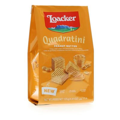Loacker Quadratini Peanut Butter bite-size Wafer Cookies Crispy Wafers with 4 creamy layers of finest Peanut Butter cream filling great for snacks &amp; desserts Non GMO No artificial flavorings, or ad...