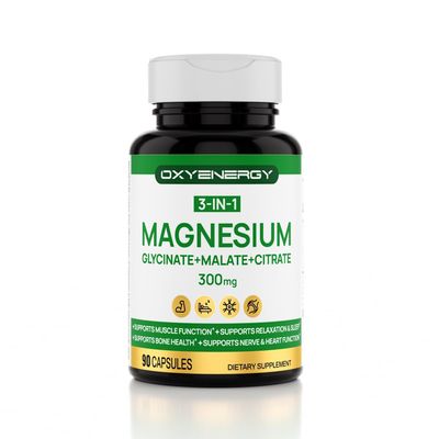 OXYENERGY 3 in 1 Magnesium Complex Supplement, Triple Magnesium Capsules 300mg with Glycinate Malate Citrate, Chelated, Vegan, High Absorption and Bioavailability, 90 Capsules