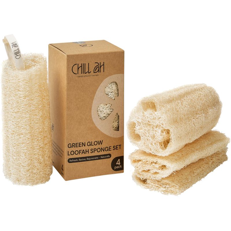 Chill Ah Green Glow Loofah Sponge Set - 100% Plant-Based, dye-Free, Biodegradable, Scratch-Free, Handcrafted in Vietnam (4-Pack)