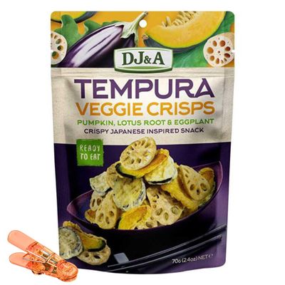 Tem.pura Veggie Crisps, Pumpkin, Lotus Root Eggplant, Japanese Inspired Snack, 2.4 oz with Free Bag Sealer Clip