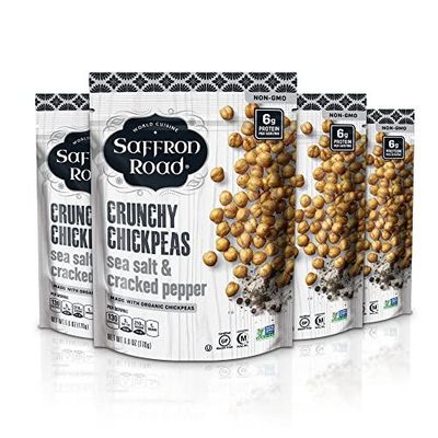 Saffron Road Organic Crunchy Chickpea Snacks-Gluten Free, Non-GMO, Halal, Kosher, Vegan - (Sea Salt and Cracked Pepper, 6 oz (4 Pack))