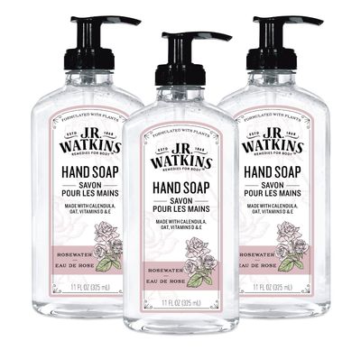 J.R. Watkins Gel Hand Soap With Dispenser, Moisturizing Hand Wash, All Natural, Alcohol-Free, Cruelty-Free, USA Made, Rosewater, 11 Fl Oz (Pack of 3)