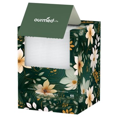 Ourmed Life Disposable Face Towels, Clean Facial Wash Cloth without Lint, Biodegradable Cleansing Dry Wipes, Skincare and Makeup Remover Towels for Sensitive Skin (Unscented, 60 Count, Pack of 1)