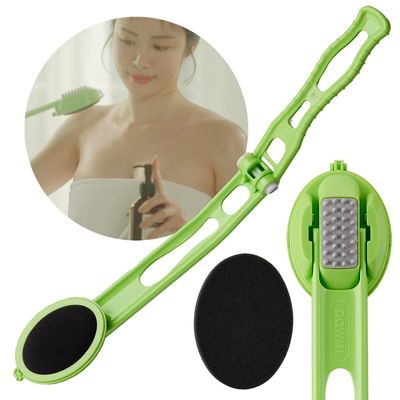 DOWMI Body Oil Applicator (2nd gen) - 19&quot; Foldable Long Curved Handle, with Replaceable Brush Head, Spill Prevention Non-Toxic Washable Foam Pad - Perfect for Tanning and Body Oils, Includes 2 Pads