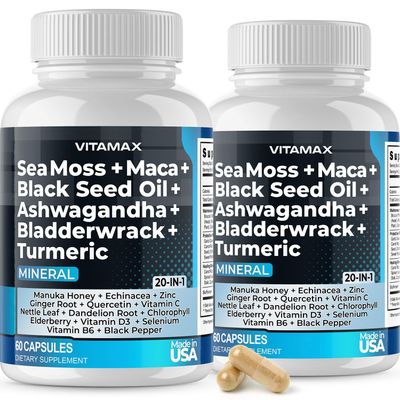 Sea Moss, Maca, Black Seed Oil, Ashwagandha, Bladderwrack, Turmeric - Elderberry, Vitamins C D3, Dandelion Black Pepper - Made in USA- 120ct