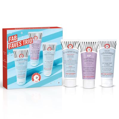 First Aid Beauty FAB Faves Trio: Cleanse &amp; Hydrate Dry, Distressed Skin with Travel Size Essentials, KP Bump Eraser Body Scrub with 10 AHA, Ultra Repair Cream &amp; Pure Skin Face Cleanser 2 oz, 3ct