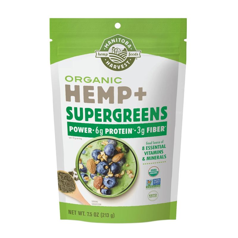 Manitoba Harvest Organic Hemp &amp; Supergreens Powder, 7.5 oz - Green Superfood Powder with 6g of Protein, 3g of Fiber per Serving - Vegan, Non-GMO Project Verified - Packaging May Vary
